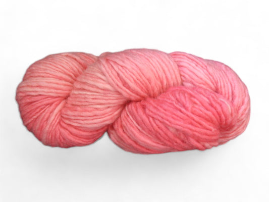 Cheerful pink lemonade merino wool yarn, handspun and hand-dyed, worsted weight, one ply, 3.5 oz skein.