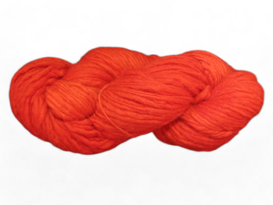 Bold red-orange merino wool yarn, handspun and hand-dyed, worsted weight, one ply, for vibrant knitting projects.